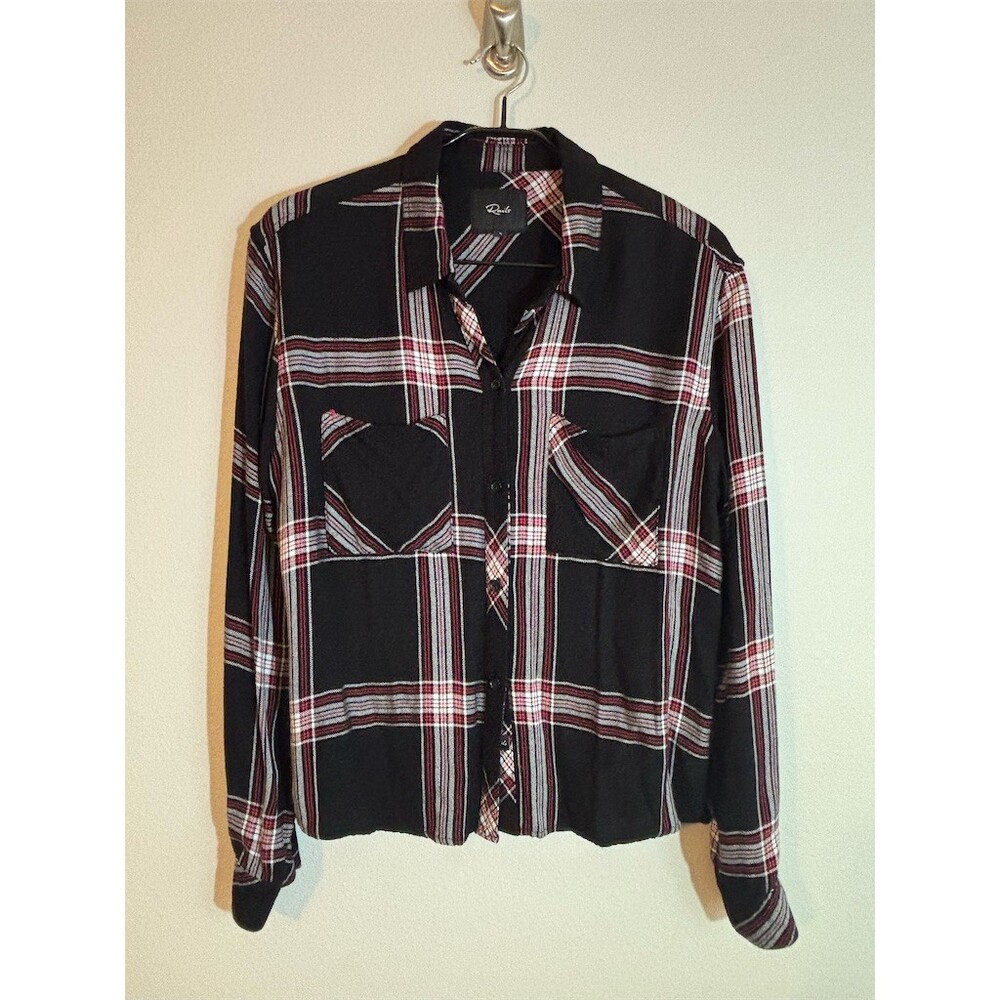 Rails Dylan Plaid Button-Front Shirt Womens Size L Jet White Ruby Black